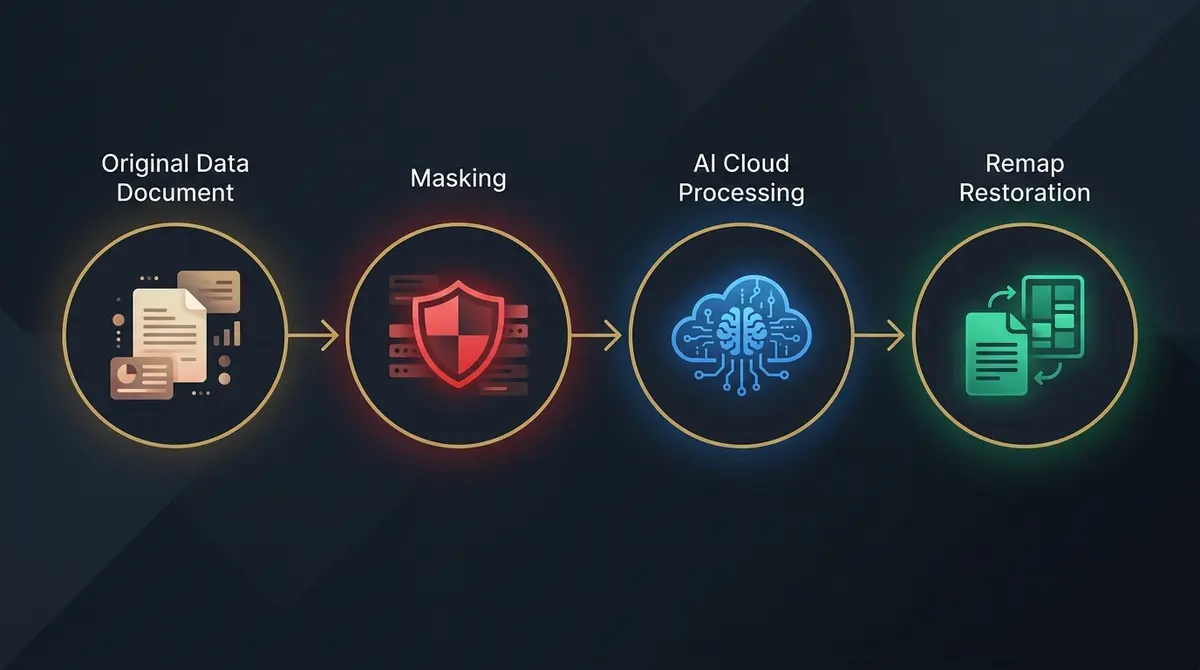 Quy trình 4 bước: Data gốc → Mask/Tokenize → Gửi AI → Remap khôi phục