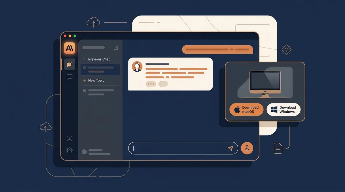 Claude Desktop App giao diện trên macOS với sidebar conversation, kèm popup download macOS/Windows