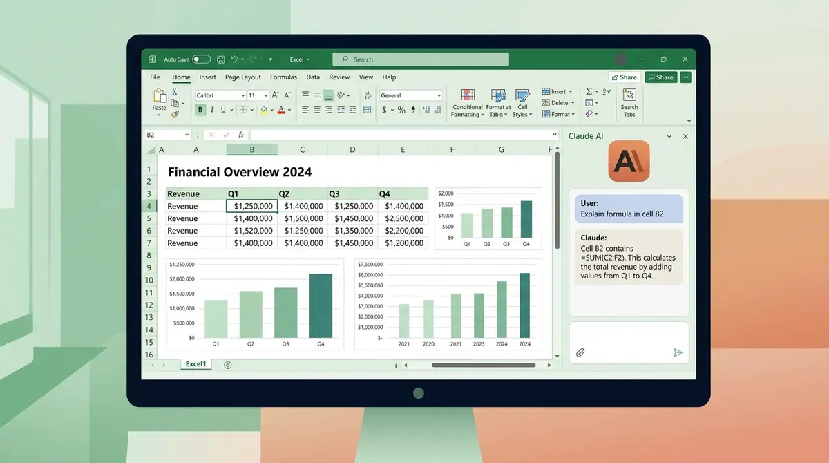 Microsoft Excel với Claude AI sidebar bên phải, có data tài chính theo quý và chat hỏi đáp công thức